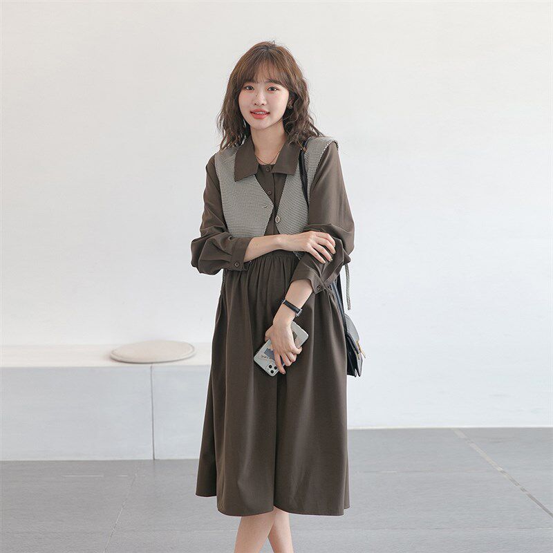 知性魅力~孕妇春装连衣裙韩国职业气质格子马甲两件套时尚款辣妈