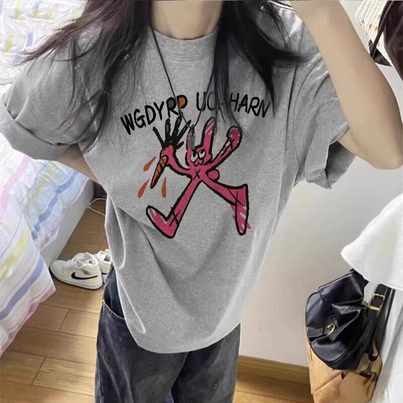 纯棉短袖t恤女2025新款爆款夏季灰色设计感小众美式宽松半袖上衣