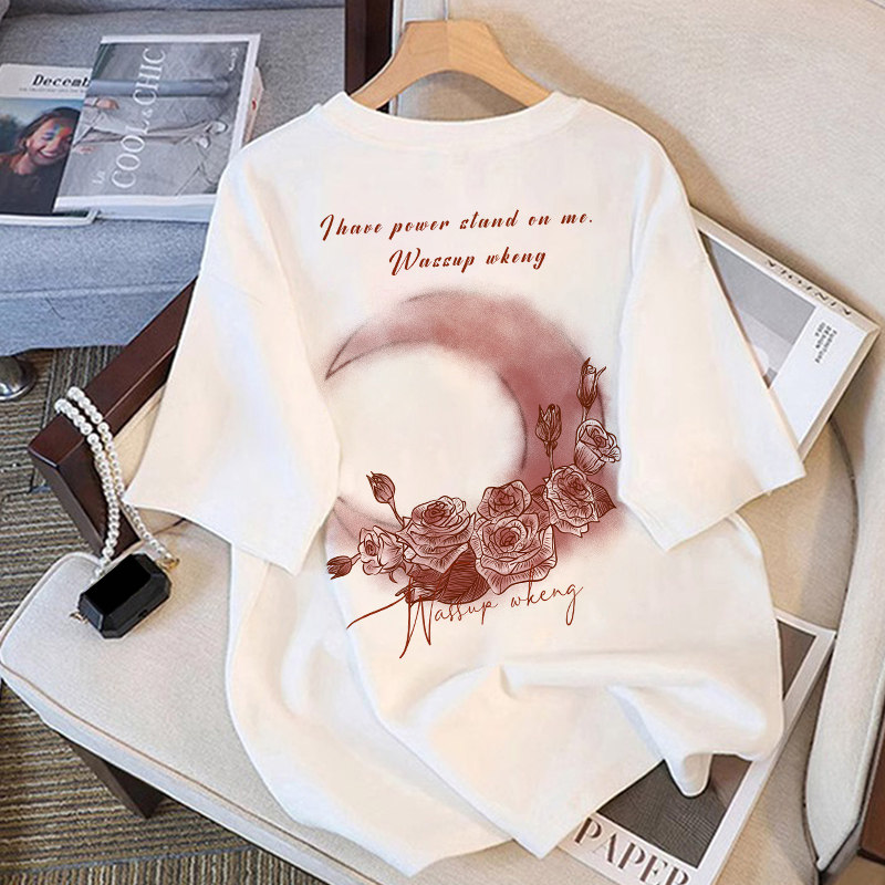 美式潮流短袖t恤女夏季纯棉2025宽松大码体恤设计感小众印花上衣