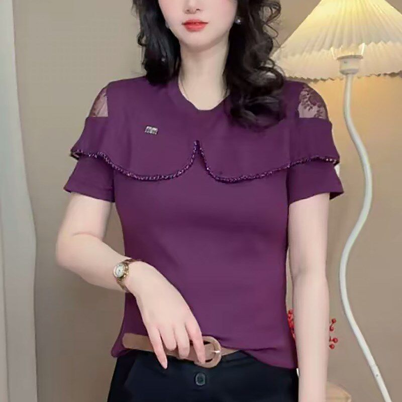 妈妈装圆领荷叶边肩膀蕾丝镂空小衫时尚女夏短袖T恤减龄百搭上衣