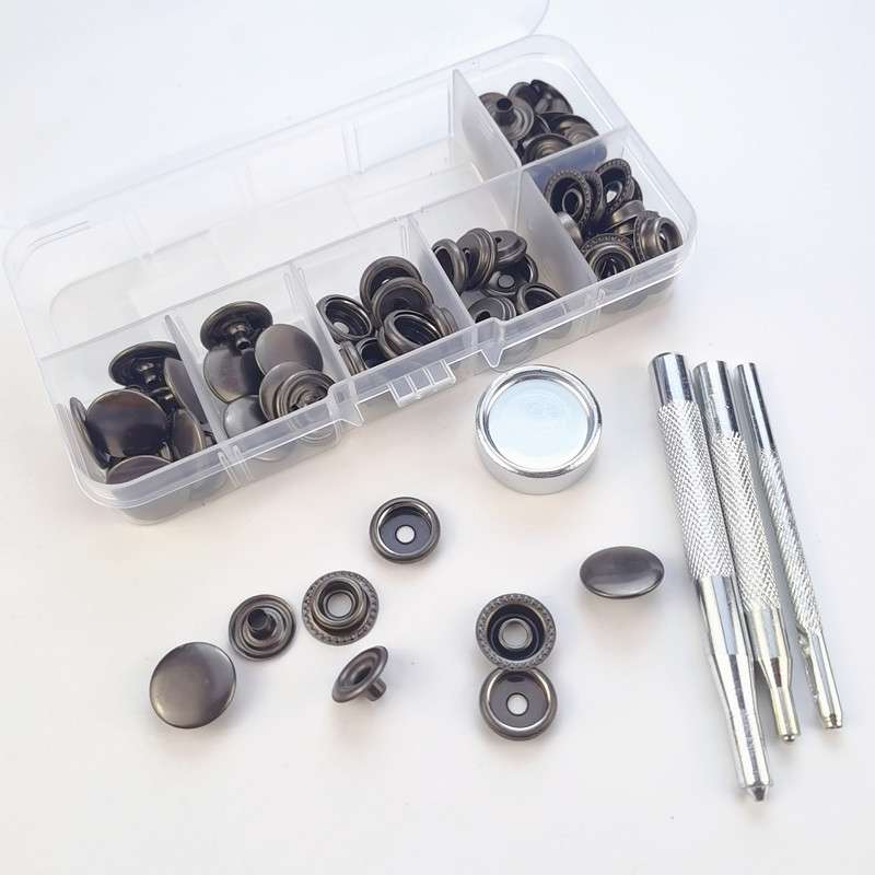 供跨境72pcs15mm不锈钢四合扣盒装配安装工具 201#黑色金属大白扣