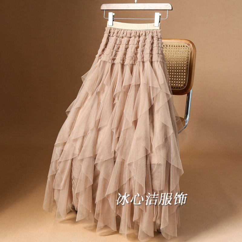 秋冬不规则层层网纱蛋糕半身裙2025秋季高腰大摆纱裙仙女裙长裙子