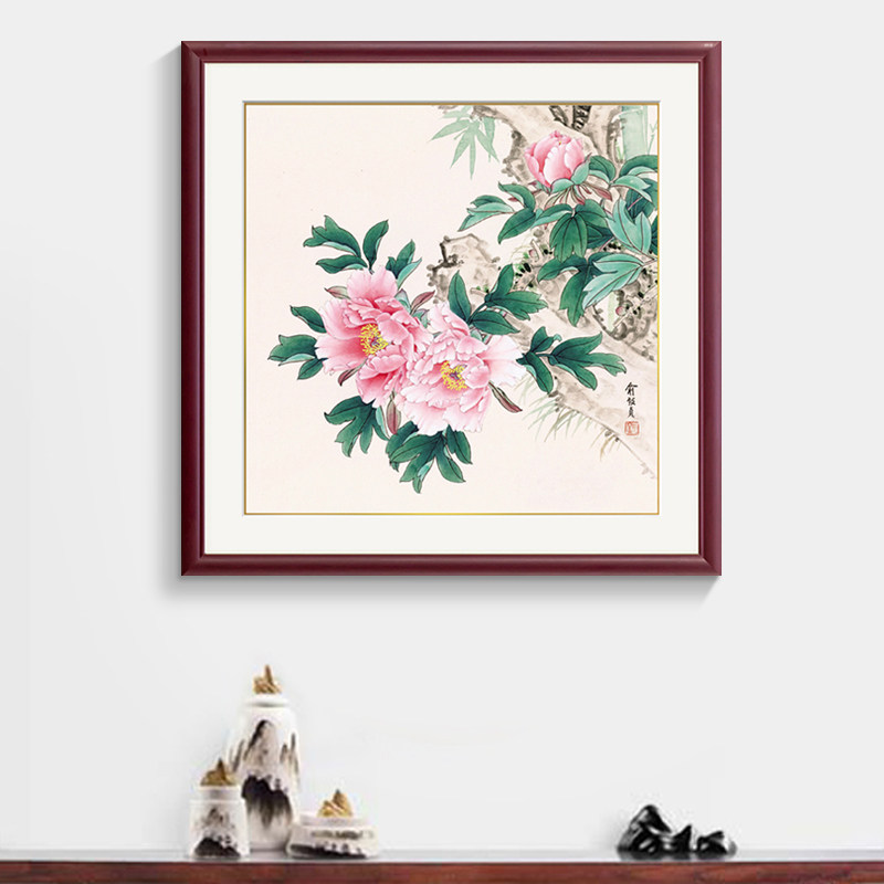 新中式实木有框客厅装饰画卧室玄关国画茶室餐厅挂画墙壁富贵牡丹