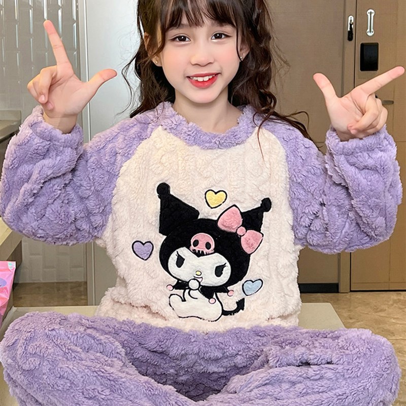 儿童睡衣女孩卡通黑美秋冬法兰绒女孩大孩子婴儿毛绒家装小学生