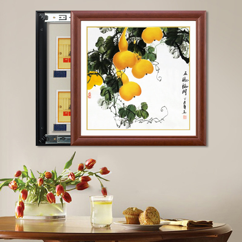 百福图新中式推拉装饰画实木电表箱挂画遮挡电闸画液压上翻免打孔
