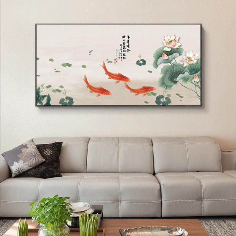 三鱼图风水招财鲤新中式装饰画餐厅墙面挂画饭厅壁画三条鱼装饰画