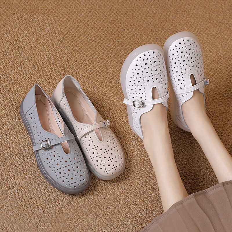 真皮镂空小白鞋平底女单鞋夏季新款牛筋软底宽脚胖脚妈妈洞洞凉鞋