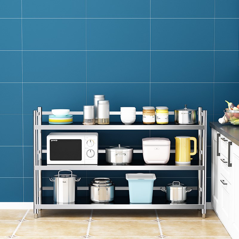 带围栏不锈钢置物架收纳微波炉不锈钢架落地多层锅架储物厨房货架