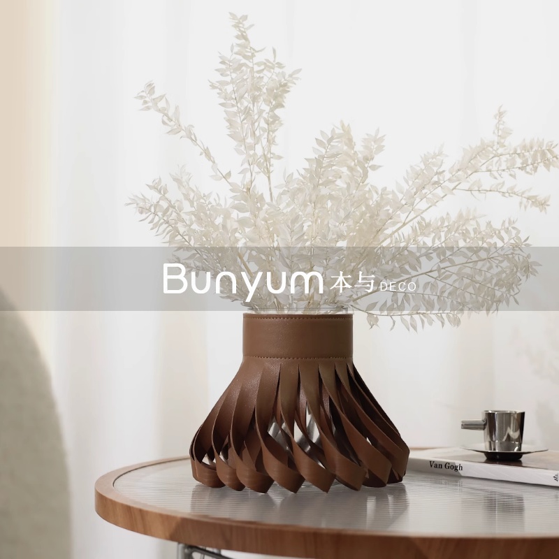 简约高端金属皮革玻璃花瓶摆件创意G花器插花餐桌茶几桌面软装