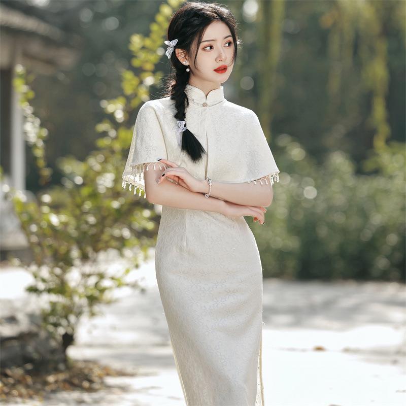2025春夏款两件套斗篷复合蕾丝中长款旗袍连衣裙复古文艺改良旗袍