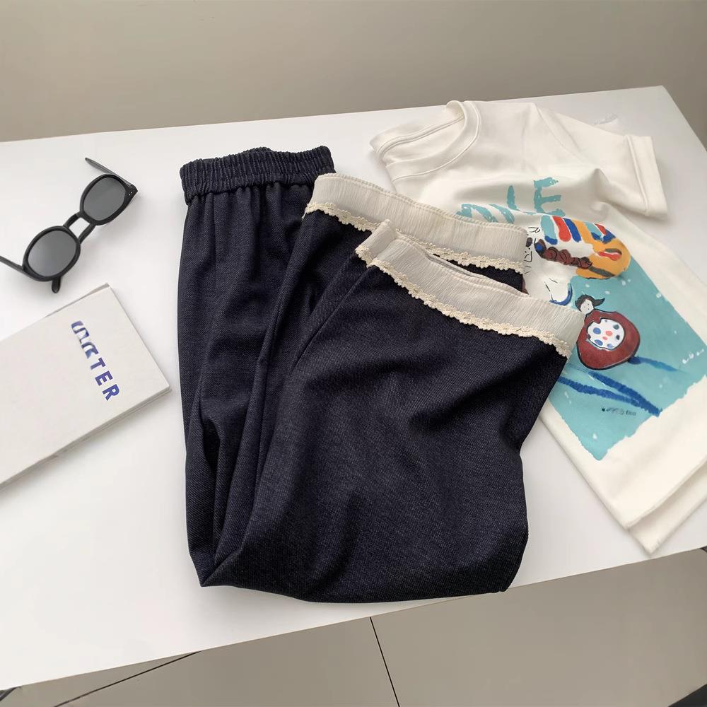 温柔复古蕾丝花边软牛仔阔腿裤女显瘦高腰直筒休闲裤夏季薄款裤子