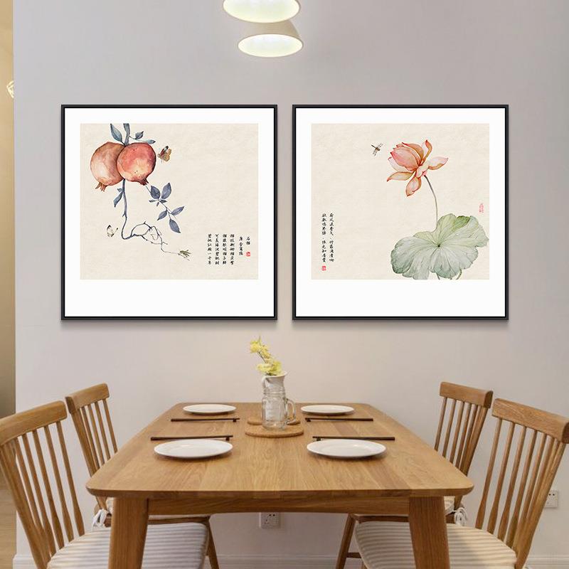 新中式餐厅客厅装饰画玄关走廊壁画书房茶室方形花鸟挂画厂家图片