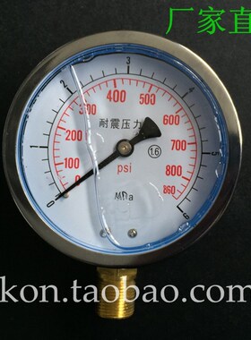 防震压力表0-6MPA/860PSI液压表20*1.5表盘直径100mm抗震油压表