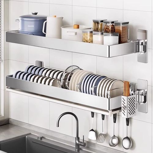 304不锈钢厨房置物架壁挂式水槽上免打孔沥水碗架碗盘碟子收纳层