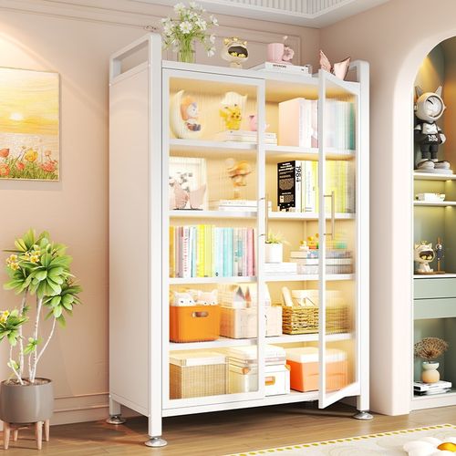 家用钢制书柜对开门儿童书架客厅阳台防尘落地储物柜铁艺展示柜子