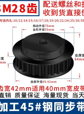 S8M28齿同步带轮钢料发黑齿宽42内孔12.7 14 15 16 17 1928同步轮