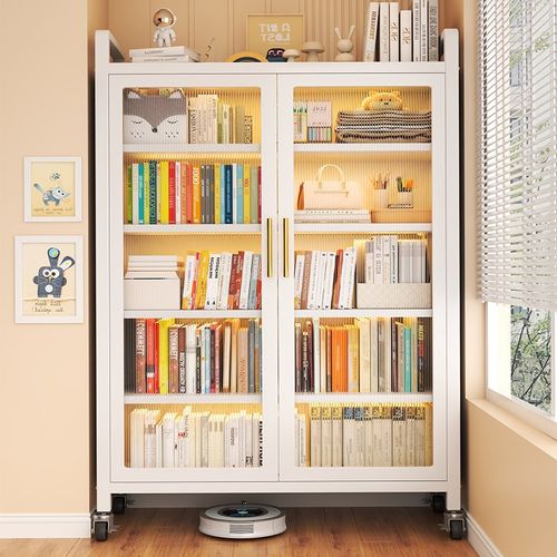 钢制书柜防尘带门储物柜家用书架客厅展示柜铁艺对开门置物收纳柜