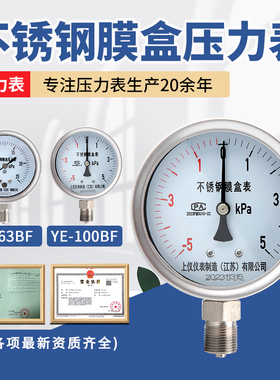上四仪YE-100BF仪表不锈钢膜盒压力表 -1.6-40Kpa微压真空压力表