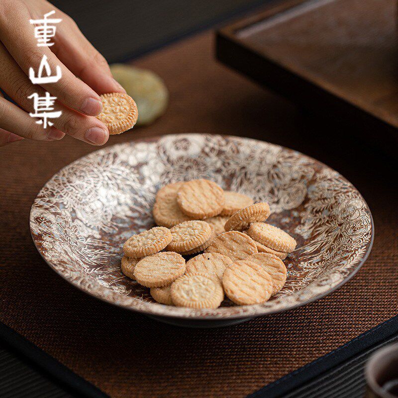 老岩泥繁花鎏银壶承 粗陶干泡盘小号茶盘养N壶托盘茶台茶托茶点盘