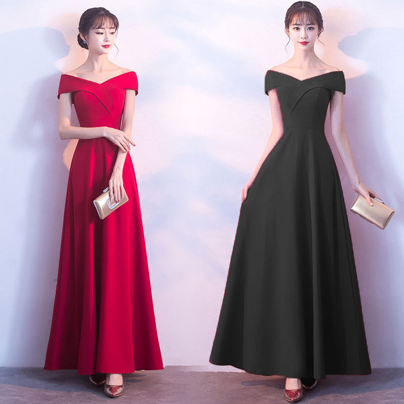 一字肩礼服裙女宴会气质敬酒服酒红色平时可穿订婚连衣裙新娘礼服