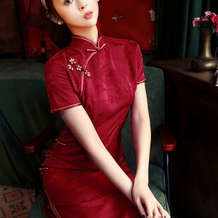 红色旗袍2023年新款改良复古中国风高级感气质优雅长版洋装显瘦
