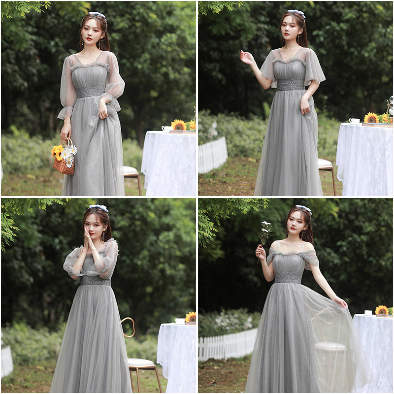 灰色伴娘服夏季仙气质高级大码胖mm闺密姐妹团衣服长款小礼服裙女