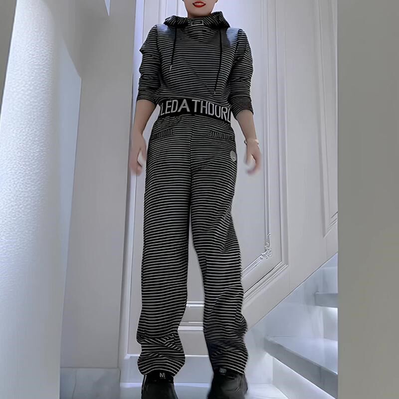 欧货时尚条纹连帽卫衣套装女春季新款洋气小个子阔腿裤休闲两件套