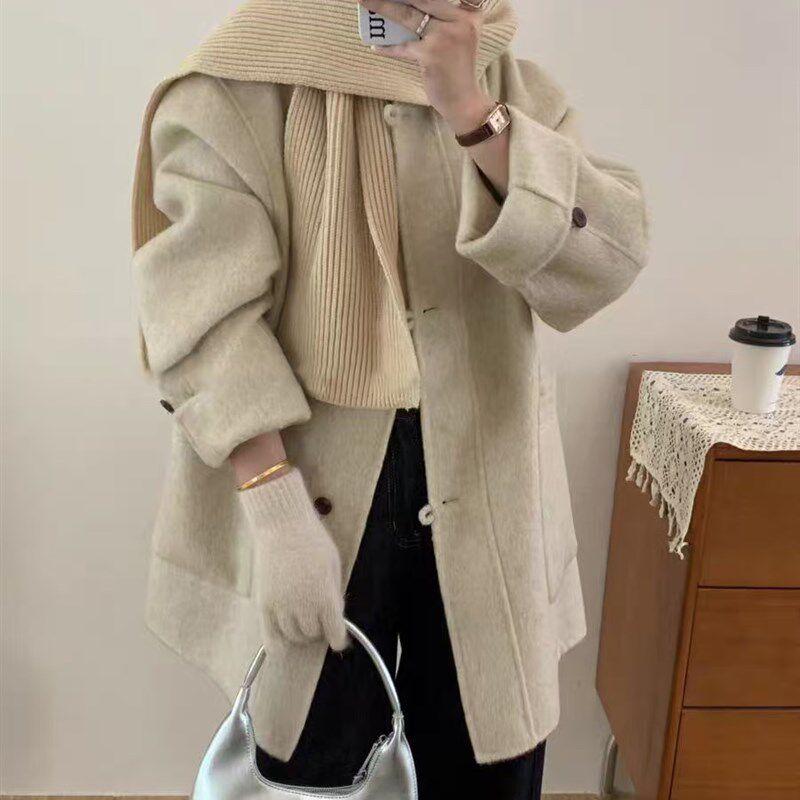 韩版高端双面羊绒大衣女中长款宽松显瘦新款小个子方领羊毛外套女