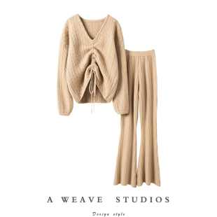 绞花抽绳灯笼袖 纯羊绒套装 羊绒衫 喇叭裤 女羊绒裤 一出场就是焦点