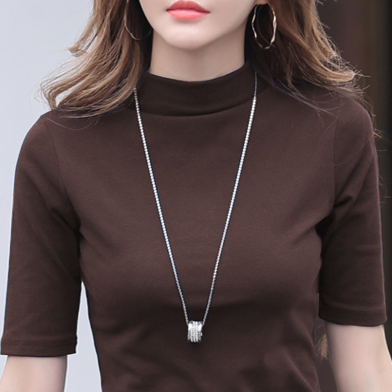 纯棉t恤女春秋新款修身显瘦上衣t桖中年妈妈中袖半高领全棉打底衫