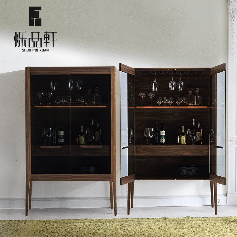 北欧酒柜黑胡桃木全实木玻璃门带LED现代简约酒水柜客餐厅餐具柜