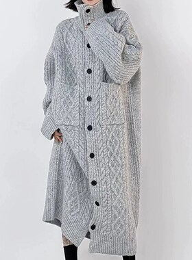 高领加厚长版麻花毛衣外套女冬季新款灰色慵懒风过膝针织毛衣裙潮