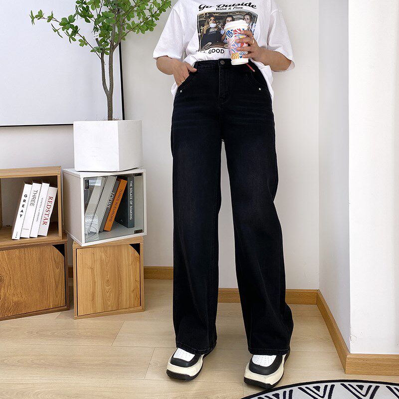 大码窄版直筒阔腿裤女春季宽松长裤拖地裤显瘦牛仔裤胖mm黑色裤子