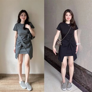 连衣裙夏季 胖mm系带遮肚子短袖 收腰休闲百搭短裙 气质大码 现货法式