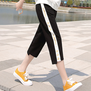薄款 子女胖mm夏季 学生宽松运动裤 高腰休闲马裤 大码 中裤 刺绣七分裤