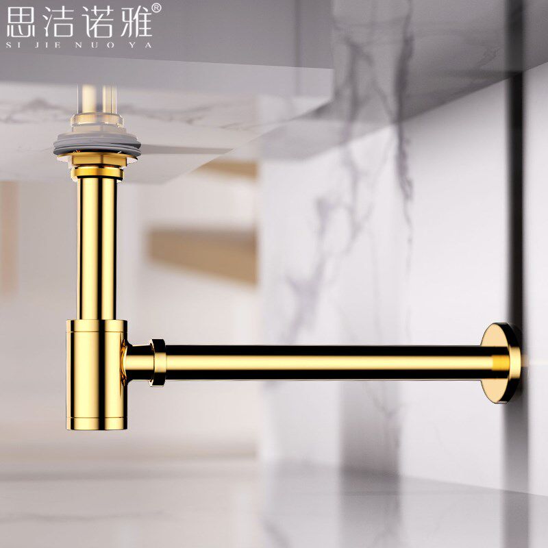 浴室柜全铜金色弹跳式洗手盆下水器墙排入墙防臭大理石台盆下水管