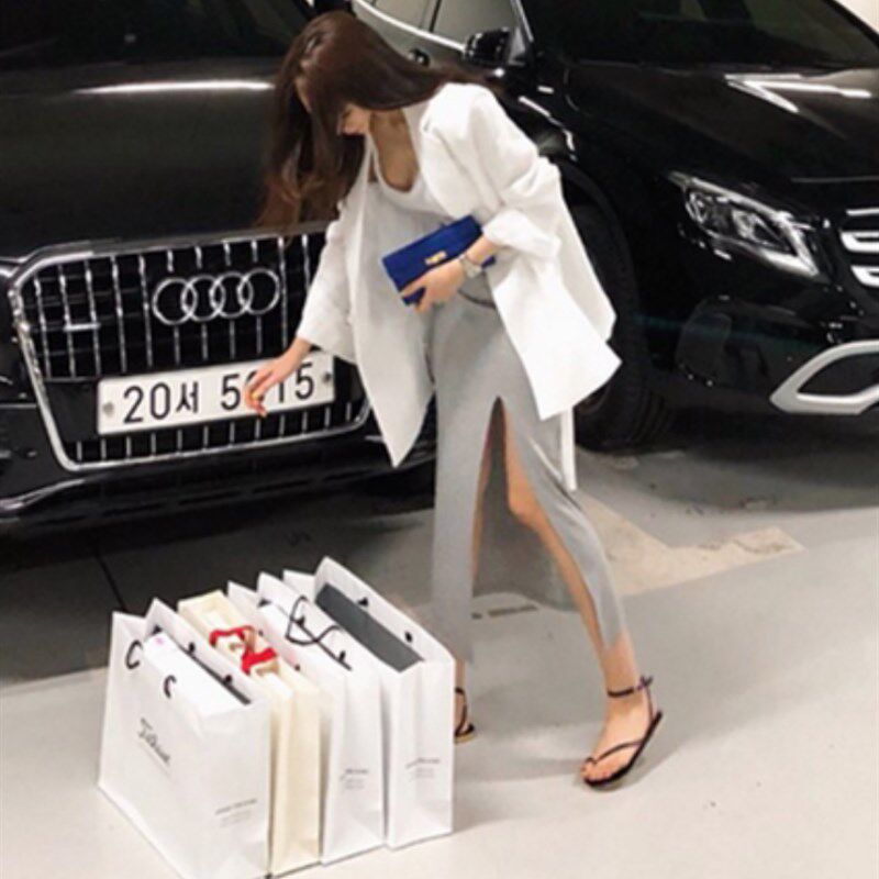 韩国春季高腰包臀显瘦侧开叉纯色半身裙长裙 百搭中长款黑色裙子