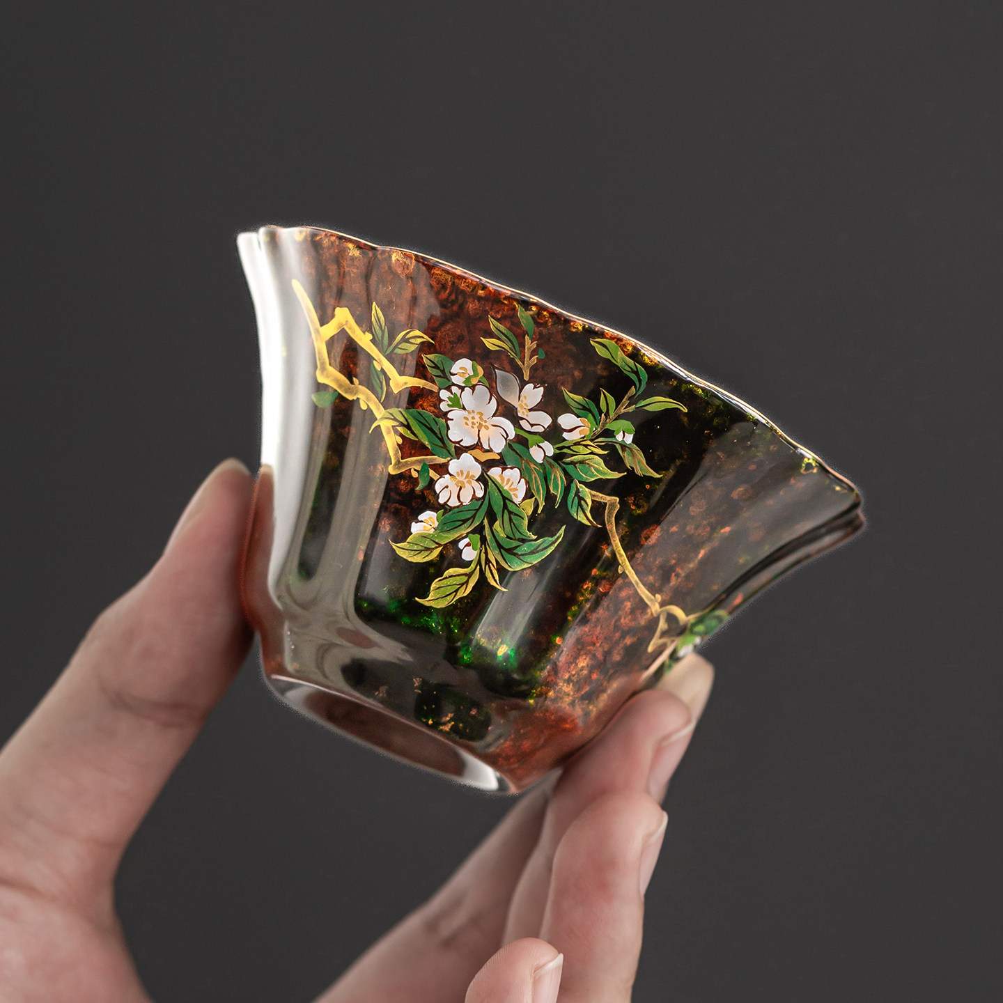 梦南州大漆女士茶杯高端主人杯手绘杯子自用送礼茶具海棠花花型杯