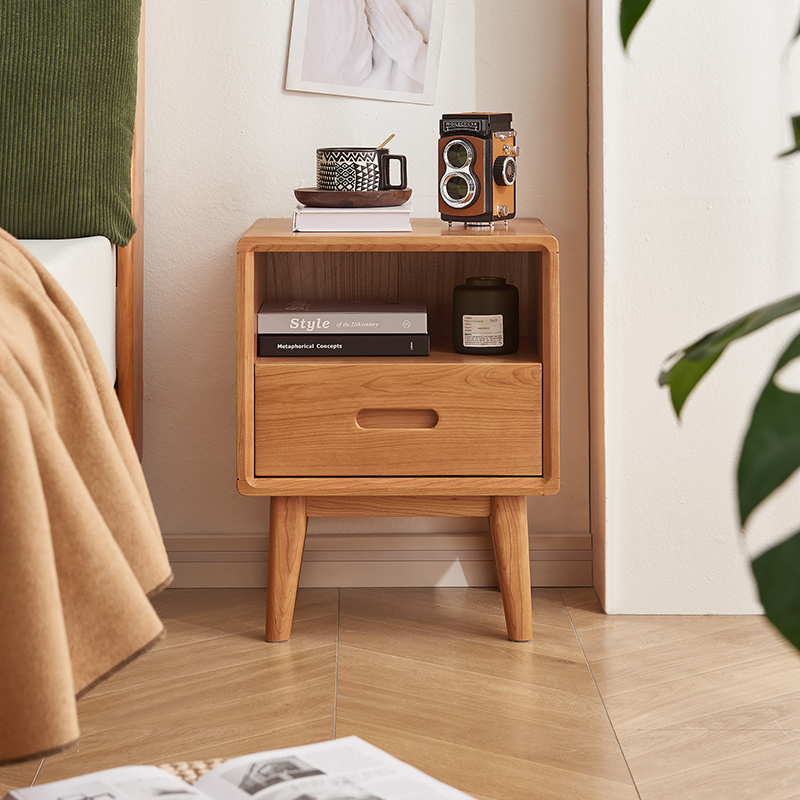 林氏木业卧室原木色实木床头柜小型床边收纳储物柜子高脚LH112