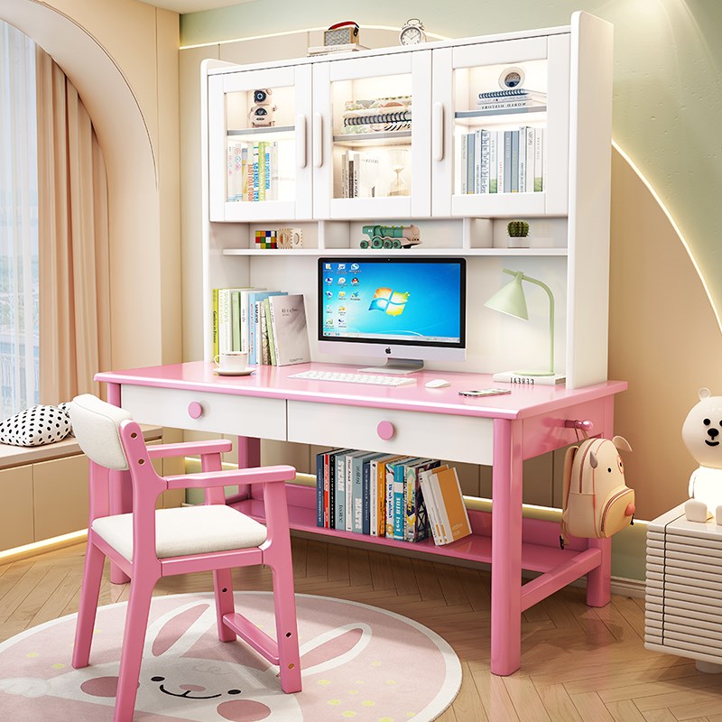 全实木书桌简约轻奢家用书房台式电脑桌办公桌书柜一体学生写字桌