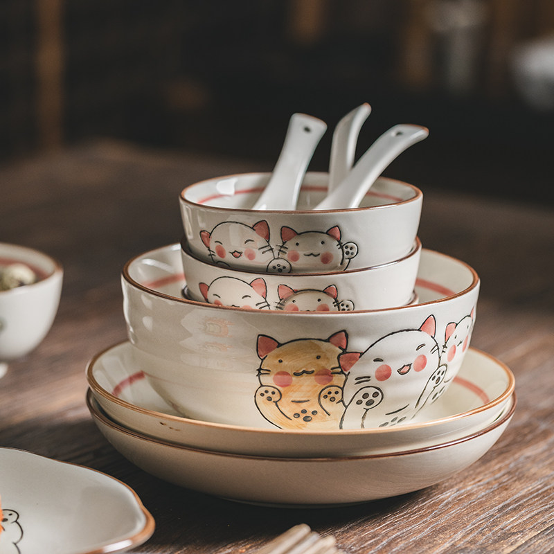日式碗碟套装家用2/4s人陶瓷碗筷盘子碗可爱网红餐具情侣碗盘组合