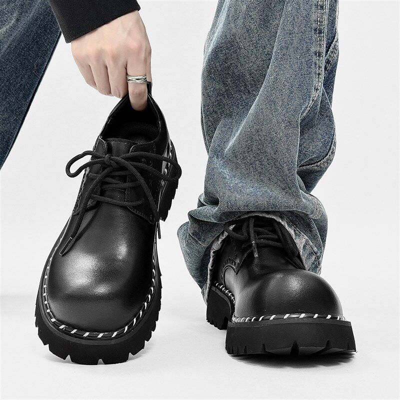 皮鞋男款2025新款高级感大头休闲z 鞋黑色厚底德比鞋百搭低帮