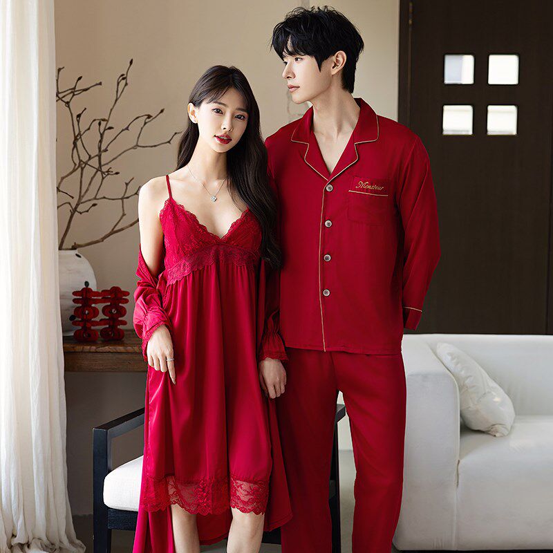 红色睡衣结婚情侣套装中长款新娘晨袍高级蕾丝一男一女家居服丝绸