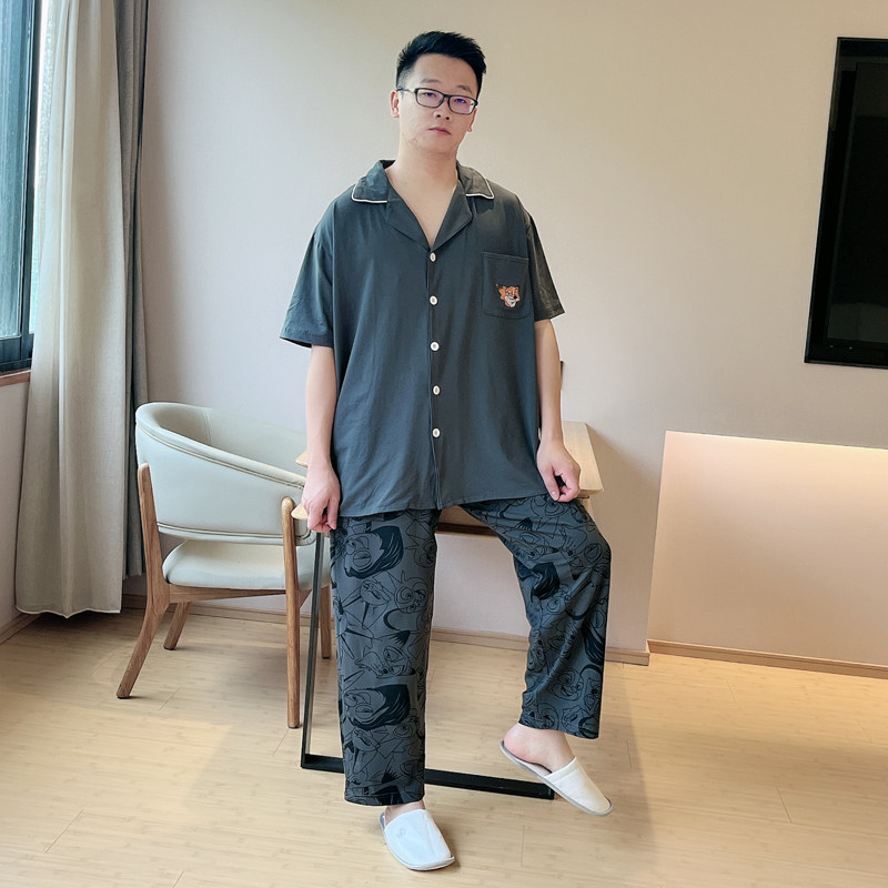夏季男睡衣纯棉加肥加大码短袖长裤胖子印花家居服套装全薄200斤