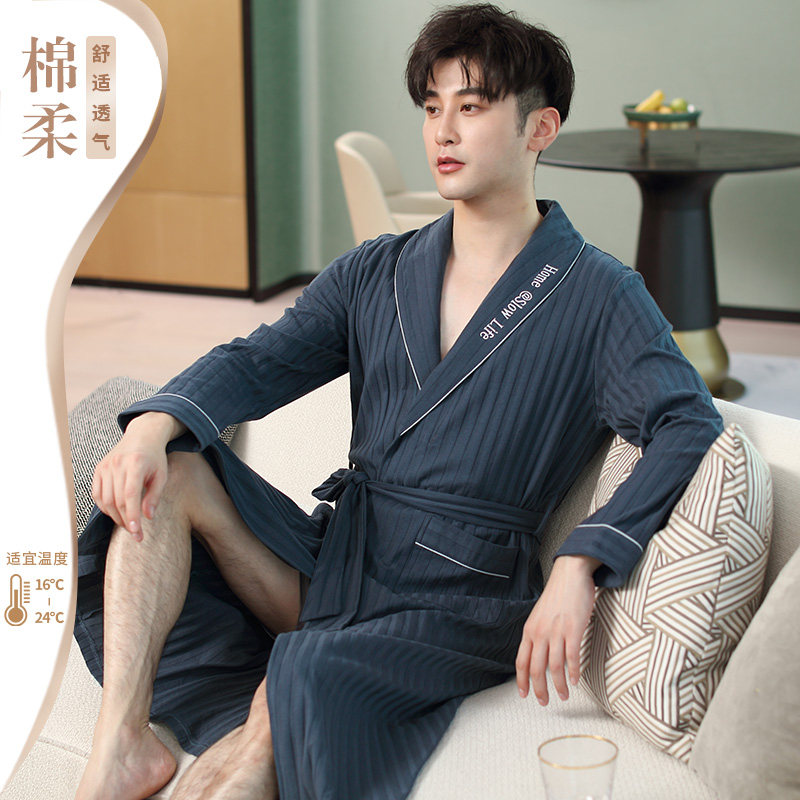 睡袍男士春秋季纯棉长袖薄款浴袍中长款简约休闲可外穿家居服晨袍