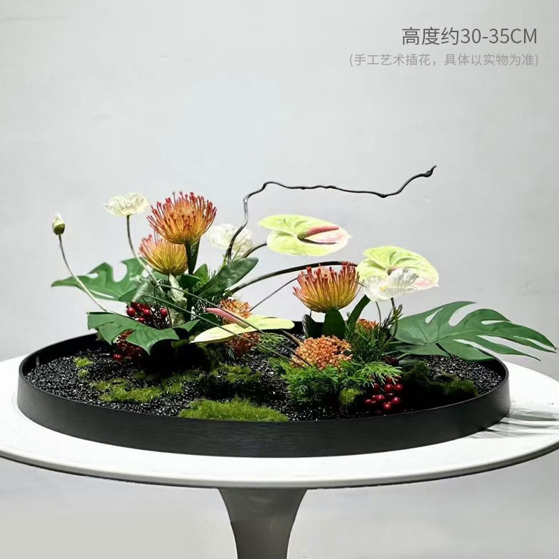 歺餐桌花酒店大圆桌中间转盘摆花假花J真花摆件客厅微景观装饰