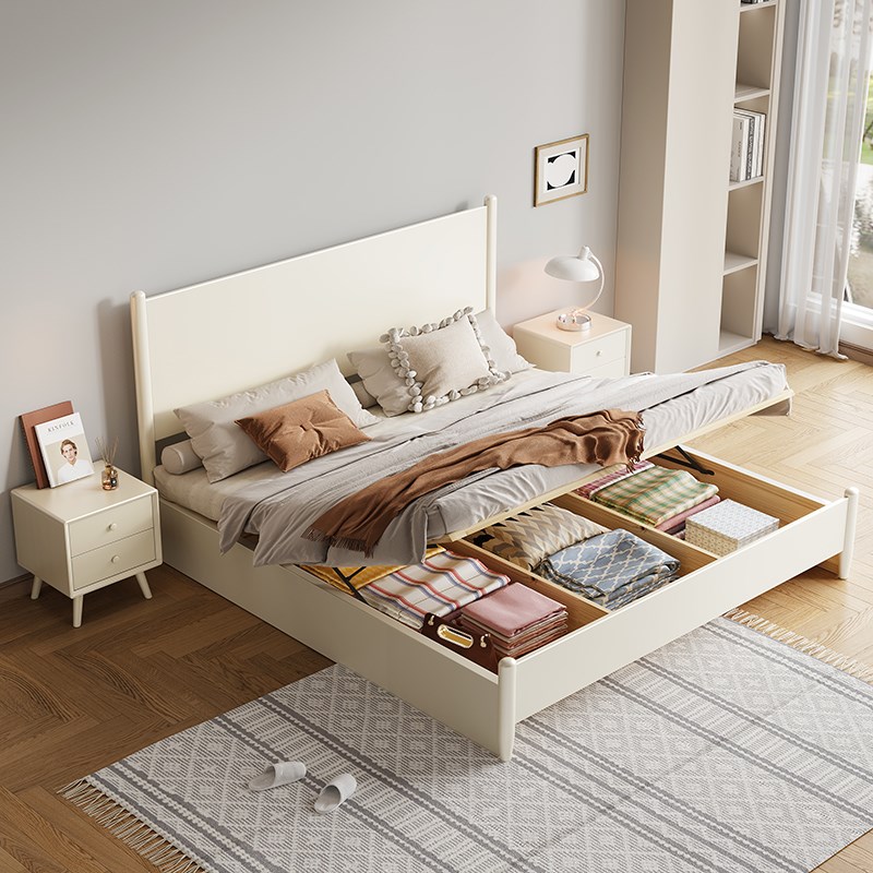 白色简约1.5米静音主卧双人x2米x2米大床储物气压高箱全实木床
