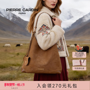 皮尔卡丹女包麂皮hobo托特包棕色通勤大容量单肩斜跨包2026新款