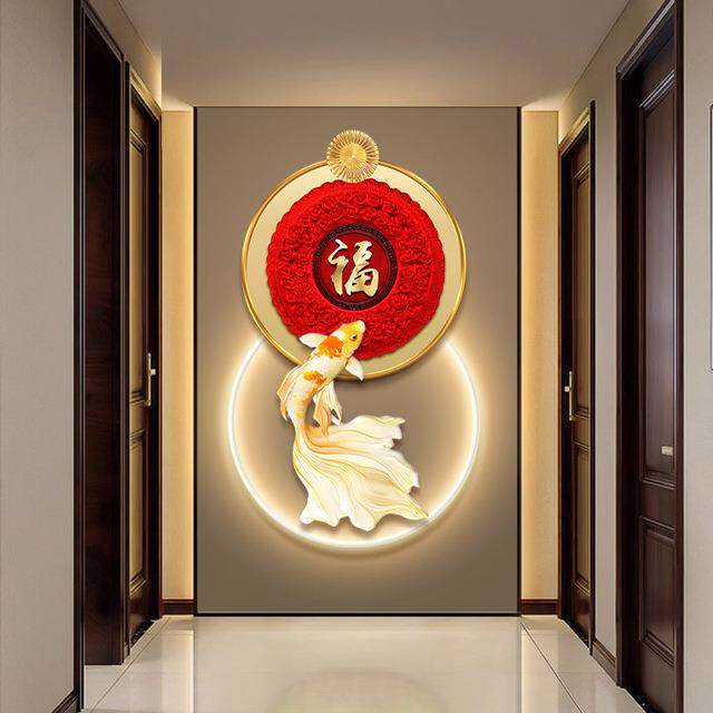 玄关挂画走廊入户福字中国结挂画新中式发光led氛围灯带灯装饰画