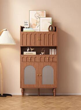 法式墙实木PUZ复古储餐边柜中靠一体小户型家用古风茶水柜厨房物